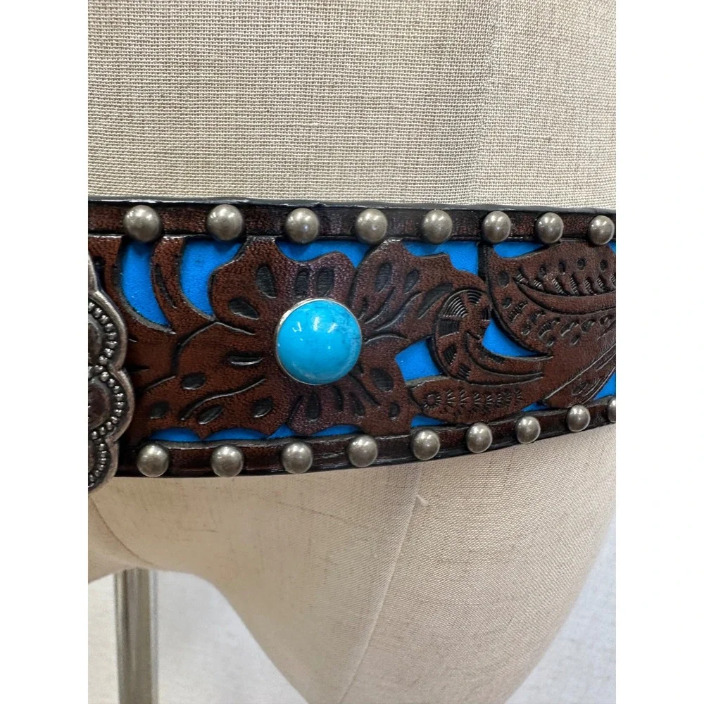 Leather Turquoise Floral Tooled Western Belt Womens Medium/Large Vegan‎ Leather